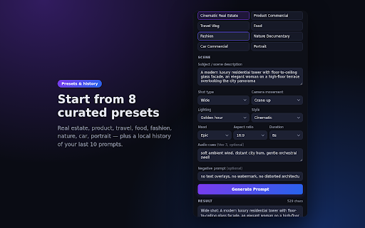 Veo Prompt Generator - AI Video Prompt Builder :: Veo prompt generator and AI video prompt builder for Google Veo 3 and Sora. Build cinematic prompts with presets, offline.