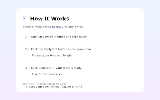 ReplyPilot — AI Email Replies for Gmail :: Generate smart, context-aware email replies in Gmail with one click. Choose your tone, get a perfect reply instantly.