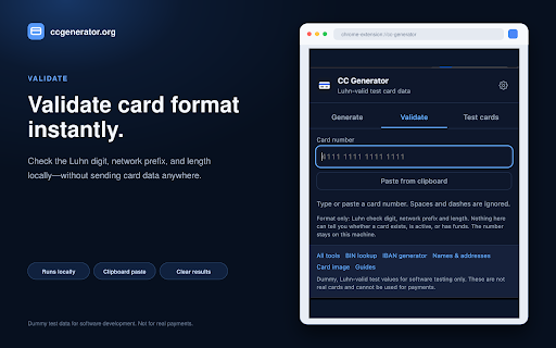 Credit Card Generator: Test Card Numbers :: Generate Luhn-valid test credit card numbers, validate a BIN and autofill checkout forms. Dummy card data for developers and QA.