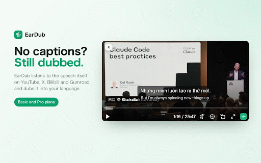 YouTube Dubbing Extension: Hear Any Video in Your Language - EarDub :: Real-time AI dubbing for YouTube and online courses: smart AI translation, synced to the speaker, even without captions. Free plan.