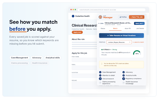 JobManager :: Save jobs, score them against your resume with AI, manage resumes and auto-fill applications. VirtualVocations account required.