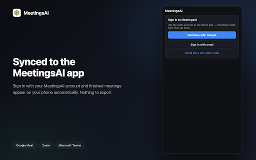 MeetingsAI :: Record and transcribe online meetings you are in, and sync the results to your MeetingsAI account.