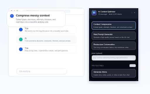 AI Context Optimizer - Prompt & Context Tool :: For ChatGPT, Claude, Gemini, Grok, and DeepSeek: compress chats, continue with prompts, hand off context, and create docs.