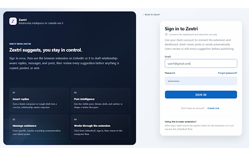 Zextri :: Draft relationship-aware LinkedIn and X replies, messages, and posts. Zextri never posts automatically; you review every suggestion.