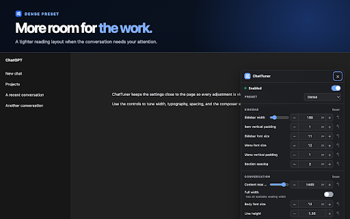 ChatTuner - ChatGPT Layout & Font Customizer :: Customize ChatGPT's width, font size, sidebar spacing, padding and layout with simple live controls.