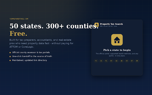 US Property Tax Search — 50 States, 300+ Counties :: Jump to any US county's official property tax / assessor portal. 300+ direct links, ZIP auto-detect, 3 search methods. Free.