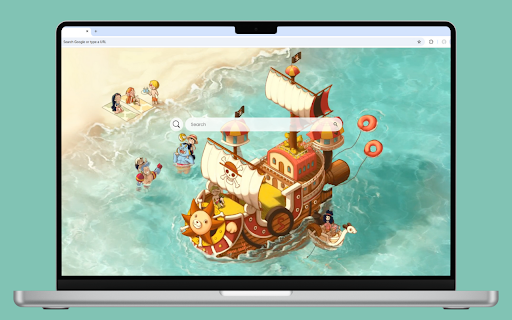 One Piece Live Wallpaper :: One Piece pirate ship on the beach, with One Piece characters having fun on the sand.