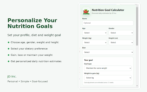 JD Inc. Nutrition Goal Calculator :: Calculate BMI and goal-adjusted calories, protein, fibre, carbohydrates, healthy fats and water intake.