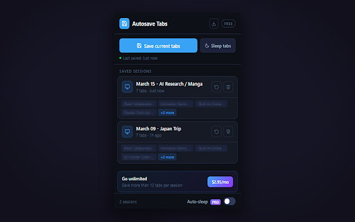 Autosave Tabs :: Save and restore your browser sessions with one click. Never lose your tabs again.