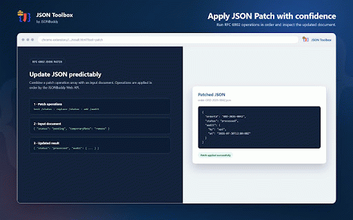JSON Toolbox by JSONBuddy :: Pretty-print and minify JSON, or apply JSON Patch operations using the JSONBuddy Web API.