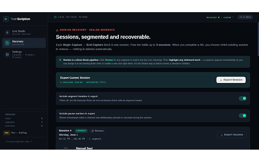 TrainScription :: On-device meeting transcription. No bot joins your call. No audio uploaded to the cloud. Speaker-labeled and vocabulary-trained.