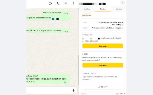 CRM do Jordão · WhatsApp :: Mostra o lead, o negócio e o histórico do CRM ao lado da conversa do WhatsApp Web.