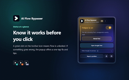AI Flow Bypasser :: Helps with Google Flow country availability. Includes English and Persian controls.