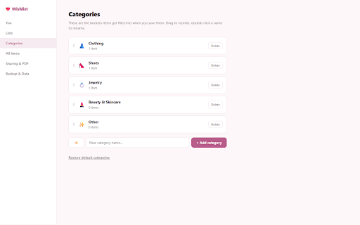 Wishlist — Save Anything You Want :: Right-click to save anything you want from any store. Organize by list & category, track prices, and share a beautiful wishlist PDF.