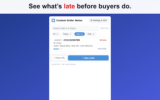 Custom Order Notes for Etsy — Buyer Request Tracker :: Etsy seller tool for custom order requests: track buyer notes, deadlines & status. Buy once, no subscription. Shopify too.