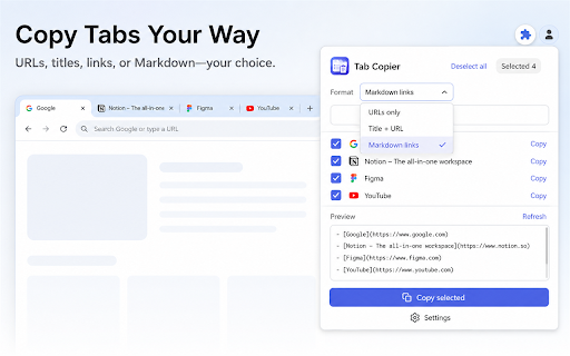 Tab Copier - Copy Tabs as Markdown :: Copy selected tabs as Markdown, title + URL text, or URL-only lists. Preview before copying.
