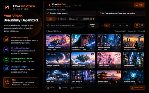 Flow NextGen - Google Flow Bulk AI Queue & Automation :: Queue 100+ AI prompts on Google Flow. Auto-download, custom auto-rename, 4K upscaling, & multi-mode generation. Free tier included.