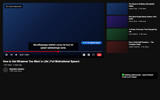 Dubbing.uz :: Adds Uzbek audio dubbing to YouTube videos. Click UZ in the player, pick a voice, and hear the video dubbed in Uzbek in real time.
