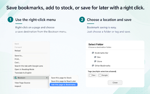 Bookson :: View and manage bookmark folders and bookmarks with tags, multi-select, drag and drop, export, and import.