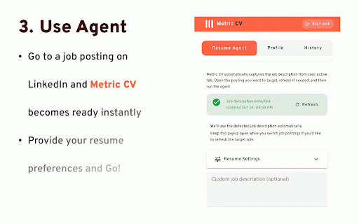 Metric CV :: A browser extension to help you alter your CV effortlessly using AI, providing perfectly tailored resumes for any job application.