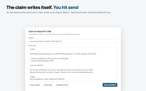 Detention & Accessorial Pay Tracker - HaulGuard :: Stop leaving detention pay on the table. Track detention, TONU, and lumper fees, and claim every dollar before the window closes.