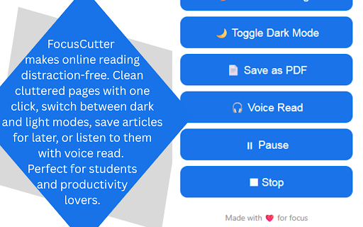 FocusCutter :: Cut the clutter. Focus better. Clean blog pages with 1 click + extra reading tools.