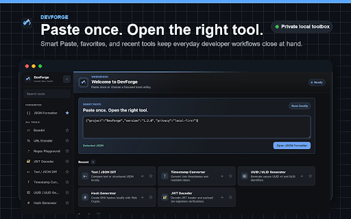 DevForge :: Format JSON, decode JWTs, compare text, convert timestamps, generate IDs and hashes, and encode Base64 or URLs locally.