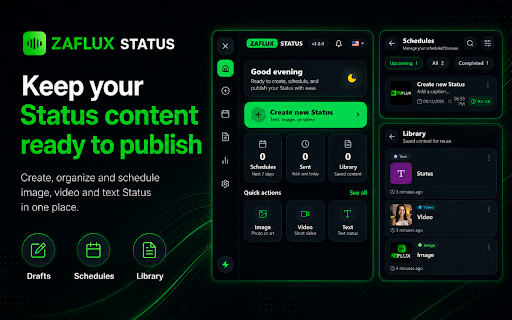 ZAFLUX STATUS for WhatsApp Web :: Create, schedule and publish WhatsApp Status directly from WhatsApp Web.