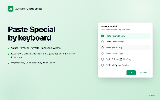 XLKeys - Excel Shortcuts for Google Sheets :: Bring Excel keyboard shortcuts, formula auditing, Goal Seek, Sensitivity Tables, and formatting tools to Google Sheets.