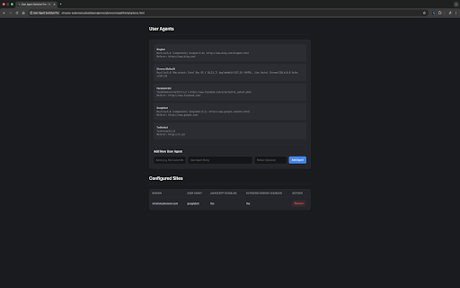 User Agent and JS Manager :: Advanced User-Agent switcher with per-site JavaScript and Cookie controls.