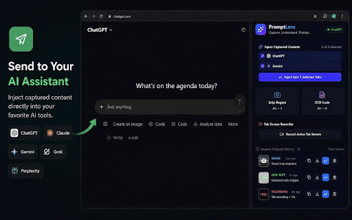 PromptLens :: Capture screenshots, extract text locally with OCR, record browser workflows, and send context to AI assistants.