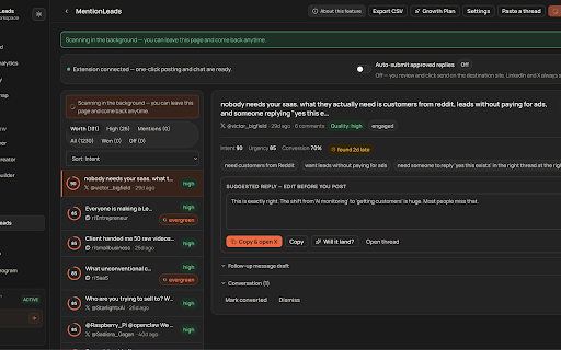 MentionLeads :: Find leads and prepare trusted replies on Reddit, X, Hacker News and LinkedIn. You always control the final send.