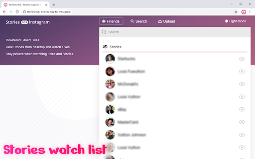 StoriesHub :: Watch Lives and Stories anonymously. Record and download Lives. Upload photo and video to Stories.