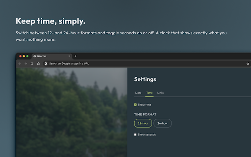 newleaf :: Beautiful, calm, and fast new tab page with date, time, and your favorite links. No clutter, no permissions, no tracking.
