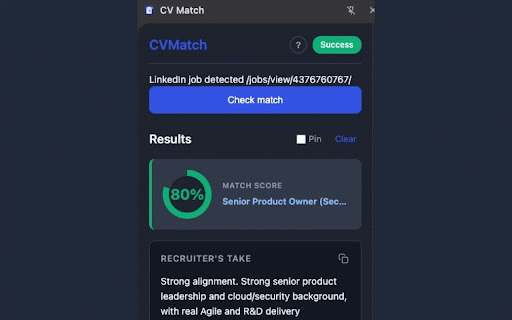 CV Match :: Tailor your CV to any LinkedIn job: read the JD, get match %, missing skills, edit tips, and export a polished .docx.