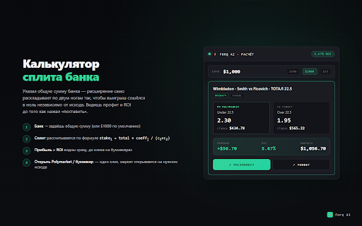 Forq AI — Arbitrage Scanner :: Real-time arbitrage signals between Polymarket and sportsbooks. Bet calculator, hot ROI alerts, direct market links.