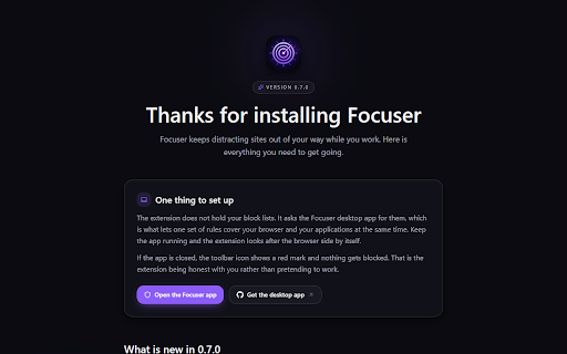 Focuser :: Blocks distracting sites so you stay focused. Enforces the block lists you set in the Focuser desktop app.