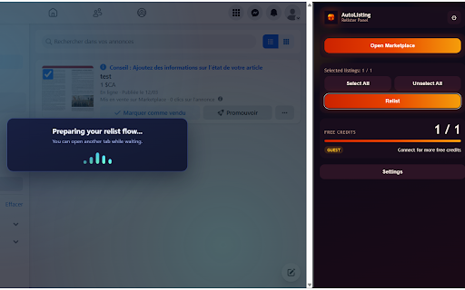 AutoListing – Facebook Marketplace Relister :: Quickly relist your Facebook Marketplace listings with one click. Select, repost, and manage your selling items from the sidebar.