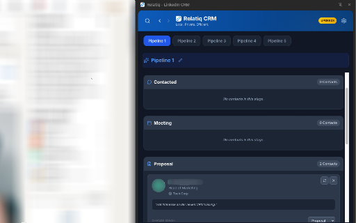 Relatiq - CRM for LinkedIn :: Manage LinkedIn contacts locally, organize pipelines, set follow-ups, and use message templates. 100% private & secure.