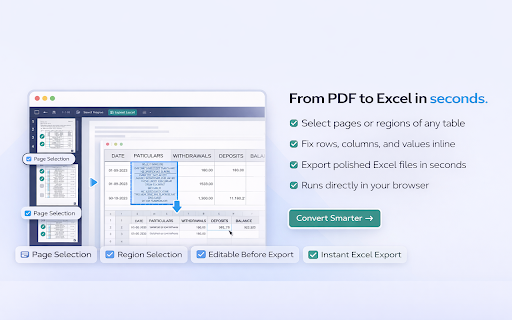 Convert PDF to Excel. Extract PDF Tables to XLS :: Convert PDF to Excel. PDF to XLS converter. Convert entire page or select specific tables with inline edit and preview.