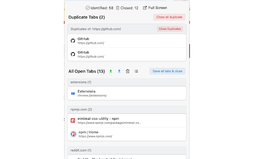 Tab Options :: Detect & merge duplicate tabs, group by domain, save sessions, export/import tabs. Lightweight & open source.