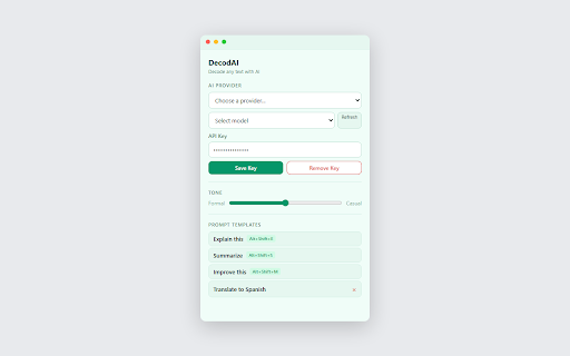 DecodAI — Instant AI Text Assistant :: Highlight text, right-click, and decode it with AI — get instant explanations, summaries, and rewrites using your own API keys