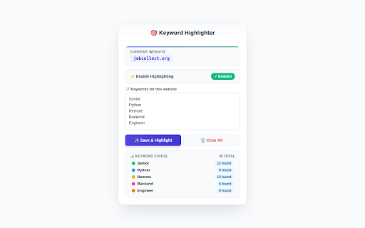 Keyword Highlighter :: Highlight keywords with custom colors on any webpage. Per-site keyword management with match statistics and case-sensitive matching.