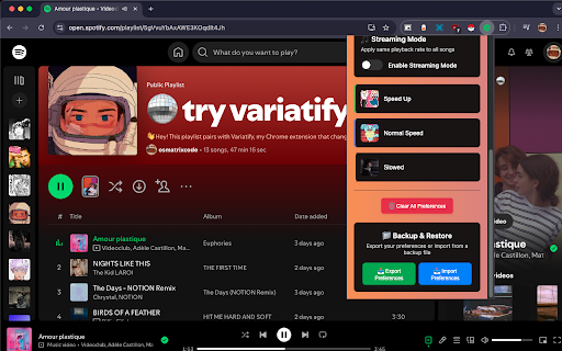 Variatify - Spotify Extension that remembers how fast you like each song. :: With Variatify, you can speed up or slow down any Spotify song — and it’ll remember your settings next time you play it.