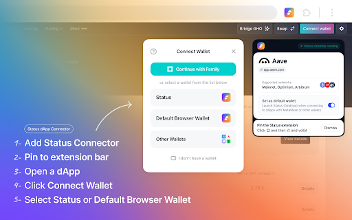 A wallet connector by Status :: Status Desktop Wallet extended to decentralised applications in your browser.