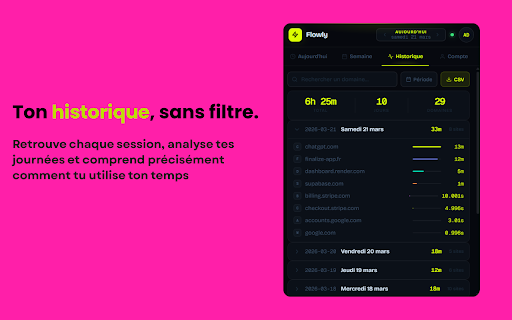 Flowly Tracker – Optimise ton temps :: Analyse ton temps, découvre où tu passes tes journées et booste ta productivité avec des graphiques clairs.