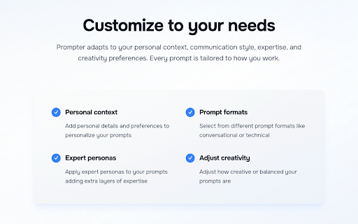 Prompter AI: Your Personal AI Prompt Engineer - ChatGPT Prompt Generator :: Generate personalized prompts in ChatGPT, Claude, Gemini, Perplexity, Grok, and more.