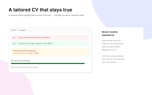 job-hunter co-pilot :: Capture a job, get a truthful tailored CV + cover letter, and autofill the application form. You always click submit.