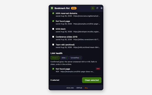 Bookmark Rot - Broken Bookmarks Checker :: Find duplicate bookmarks, empty folders, and dead links. Clean safely with full undo. Link checks run only when you allow them.