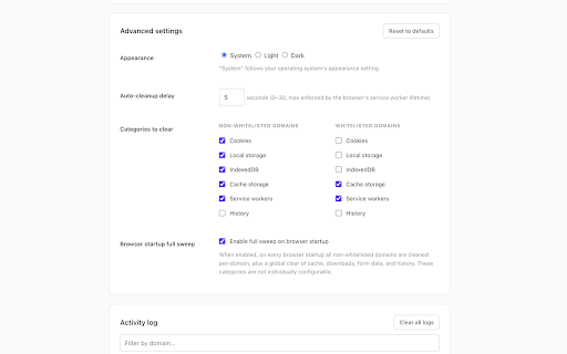 Wipeout Auto :: Auto-clear cookies, storage, cache, and history when you leave a site. Whitelist domains to stay logged in.